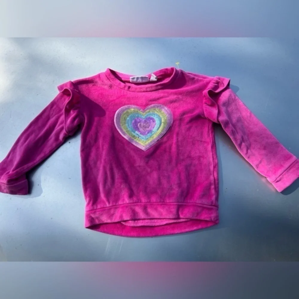 The Children’s Place Pink Rainbow Sequin Heart Velour Ruffle Kids Long Sleev Top